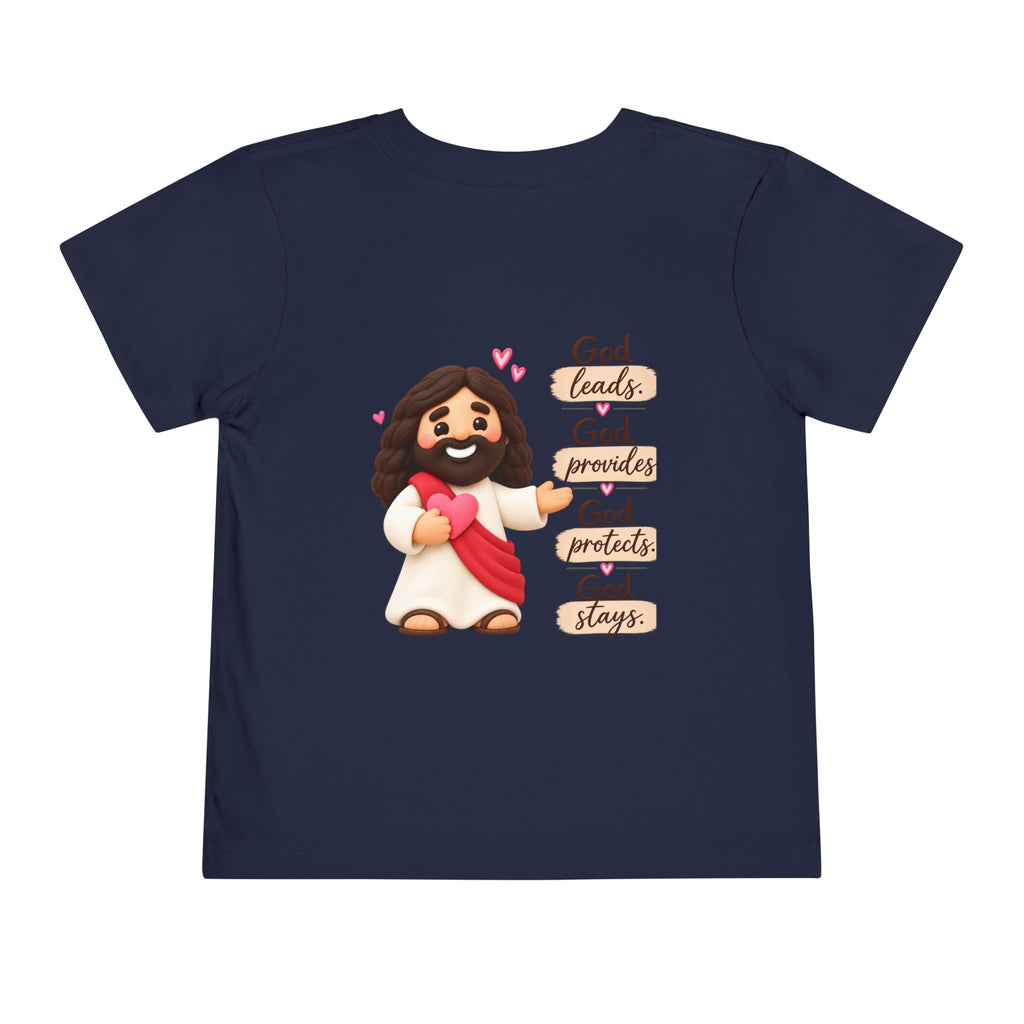 Toddler Tee — "Faith Over Fear" Cute Jesus Design (God Leads, Provides, Protects)