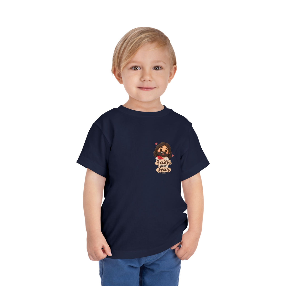 Toddler Tee — "Faith Over Fear" Cute Jesus Design (God Leads, Provides, Protects)