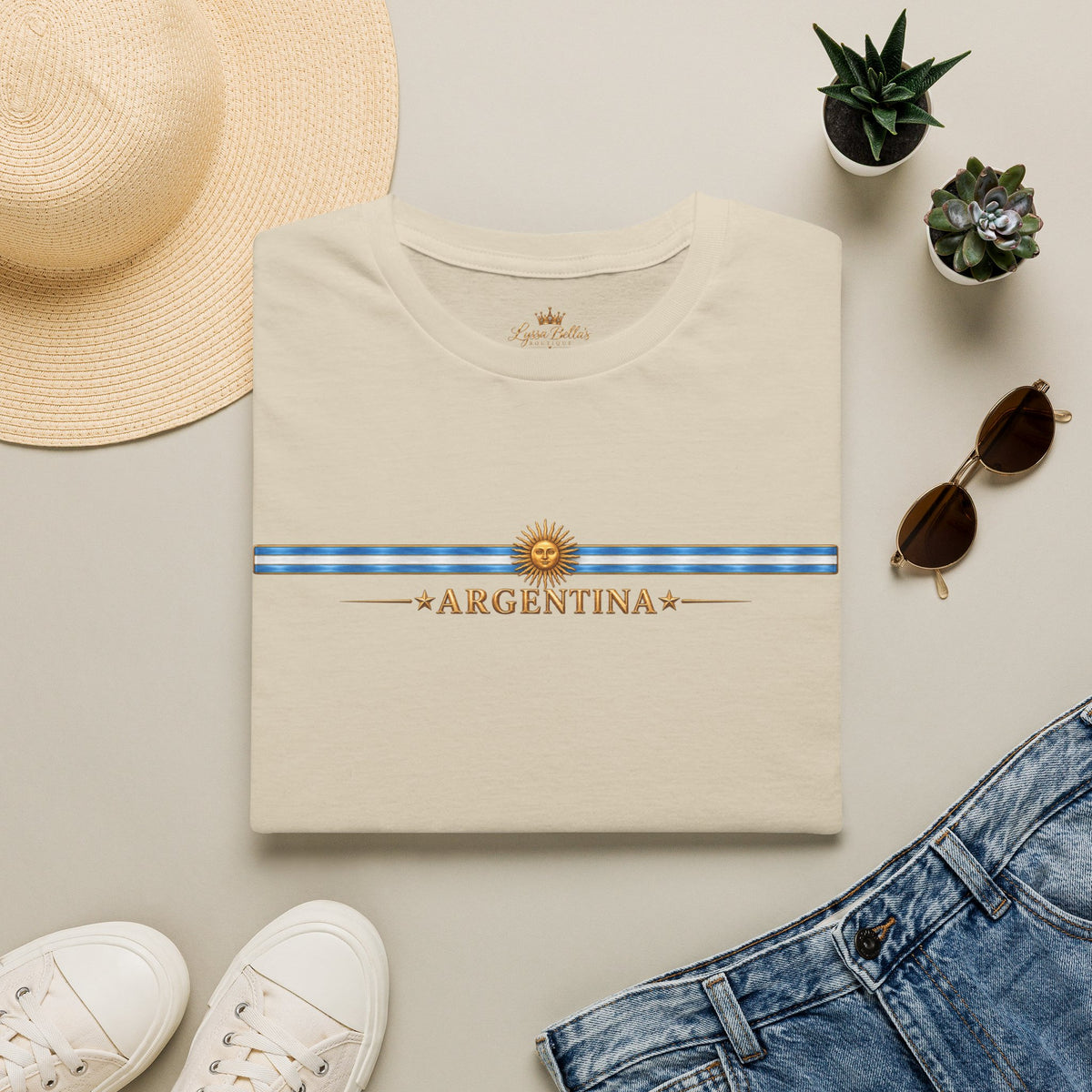 Argentina Stripe Tee — Minimal Sun & Flag Graphic T-Shirt