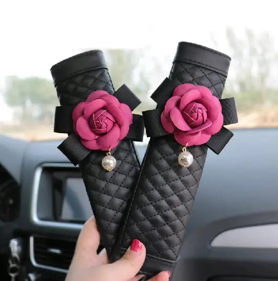 1/2pcs Camellia Flower Car Safety Seat Belt Cover Pu Leather Shoulder Pad Car Styling Seatbelt Cover Car Accessories for Women