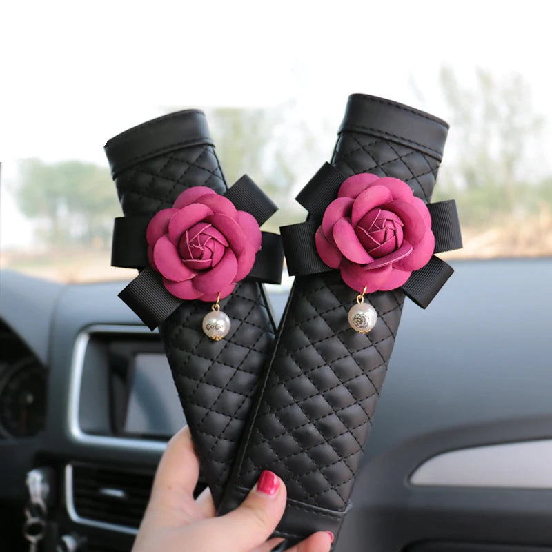 1/2pcs Camellia Flower Car Safety Seat Belt Cover Pu Leather Shoulder Pad Car Styling Seatbelt Cover Car Accessories for Women