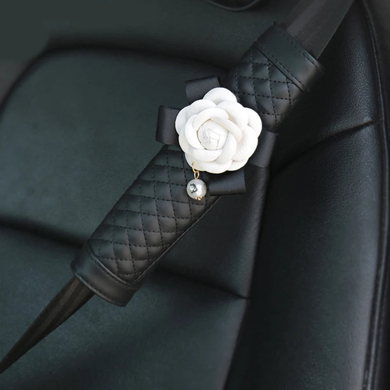 1/2pcs Camellia Flower Car Safety Seat Belt Cover Pu Leather Shoulder Pad Car Styling Seatbelt Cover Car Accessories for Women