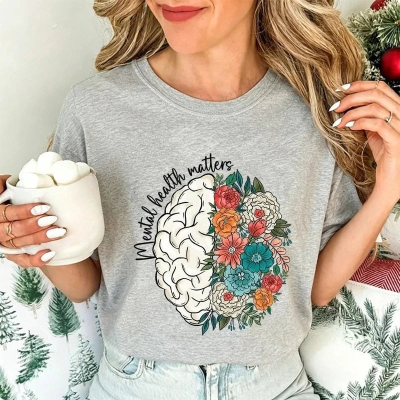 2026 Mental Health Shirt,School Psychologist T-Shirts,Inspirational Tees,Mental Health Awareness Tops,Cute Brain Women's T-Shirt