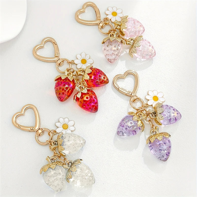 Cute Strawberry Bag Pendant Keychain Heart Flower Daisy Key Chain for Women Girs Bag Pendant Accessories Gift