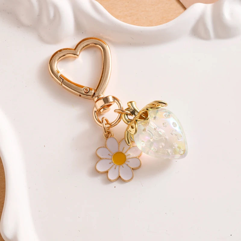 Cute Strawberry Bag Pendant Keychain Heart Flower Daisy Key Chain for Women Girs Bag Pendant Accessories Gift