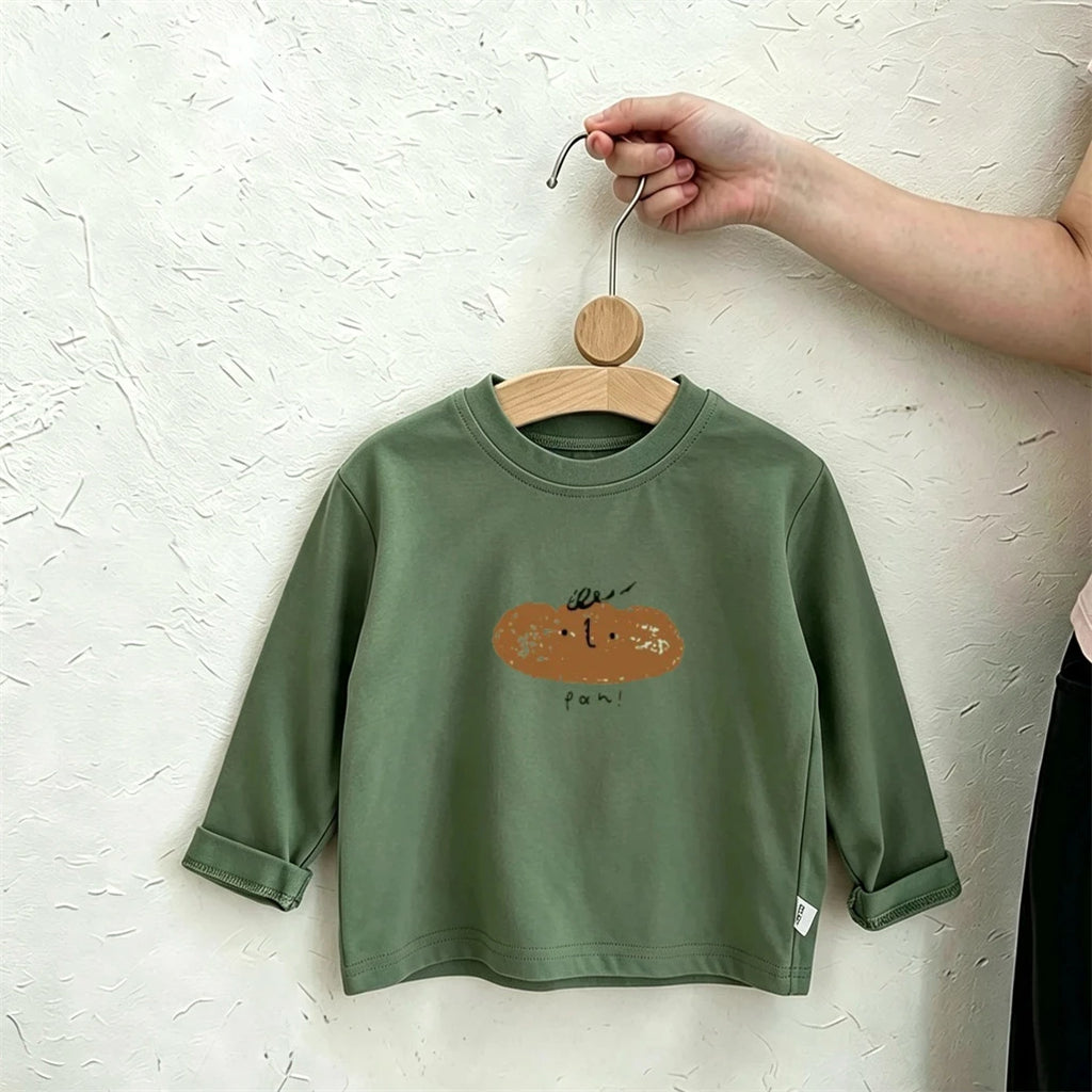 Long Sleeve Tshirt Spring Summer Clothing New Design Printed Tops Thin Pure Cotton Wear Kids Casual Loose Green Beige Tshirts