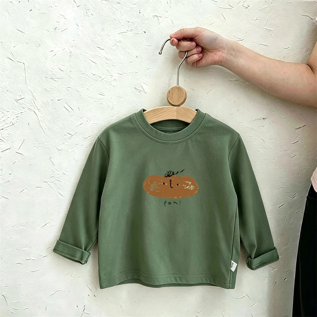 Long Sleeve Tshirt Spring Summer Clothing New Design Printed Tops Thin Pure Cotton Wear Kids Casual Loose Green Beige Tshirts