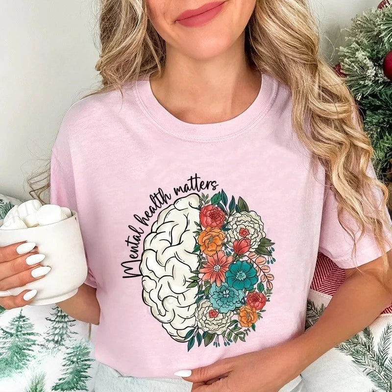 2026 Mental Health Shirt,School Psychologist T-Shirts,Inspirational Tees,Mental Health Awareness Tops,Cute Brain Women's T-Shirt