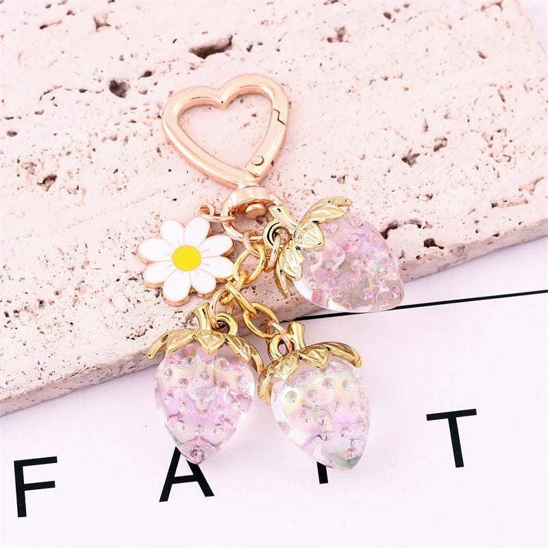 Cute Strawberry Bag Pendant Keychain Heart Flower Daisy Key Chain for Women Girs Bag Pendant Accessories Gift
