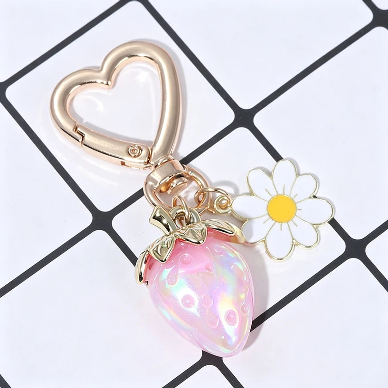 Cute Strawberry Bag Pendant Keychain Heart Flower Daisy Key Chain for Women Girs Bag Pendant Accessories Gift