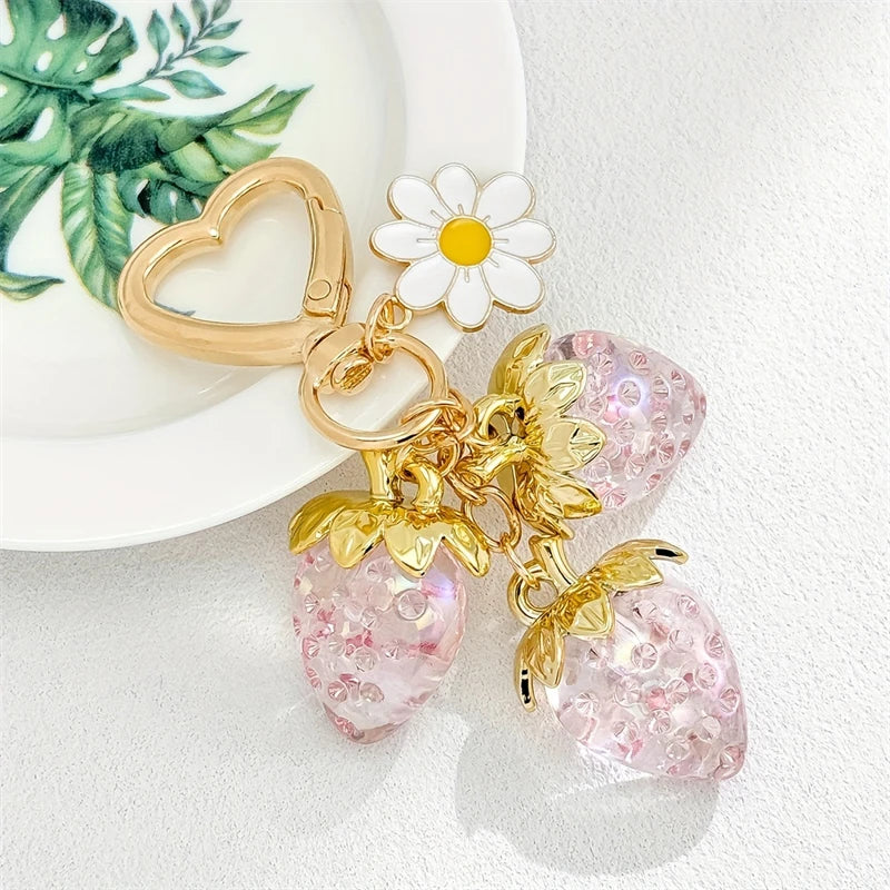 Cute Strawberry Bag Pendant Keychain Heart Flower Daisy Key Chain for Women Girs Bag Pendant Accessories Gift