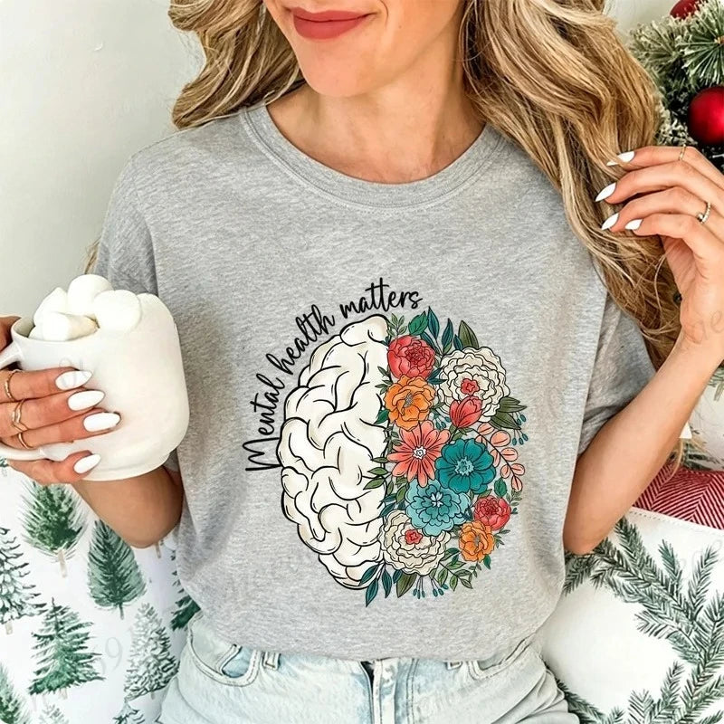 2026 Mental Health Shirt,School Psychologist T-Shirts,Inspirational Tees,Mental Health Awareness Tops,Cute Brain Women's T-Shirt