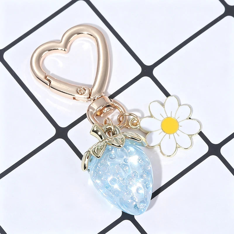 Cute Strawberry Bag Pendant Keychain Heart Flower Daisy Key Chain for Women Girs Bag Pendant Accessories Gift