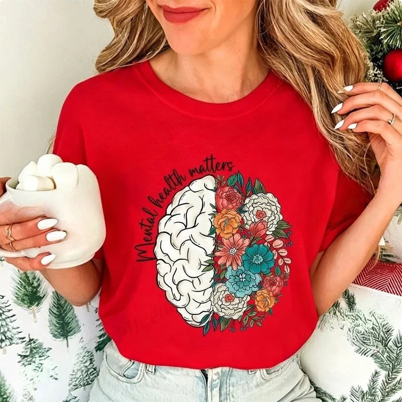 2026 Mental Health Shirt,School Psychologist T-Shirts,Inspirational Tees,Mental Health Awareness Tops,Cute Brain Women's T-Shirt
