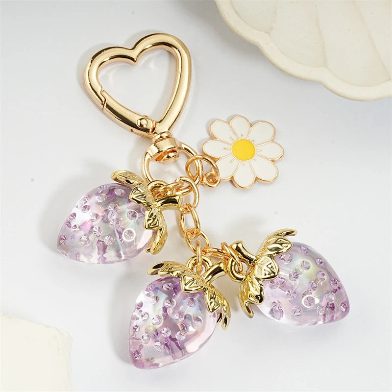 Cute Strawberry Bag Pendant Keychain Heart Flower Daisy Key Chain for Women Girs Bag Pendant Accessories Gift