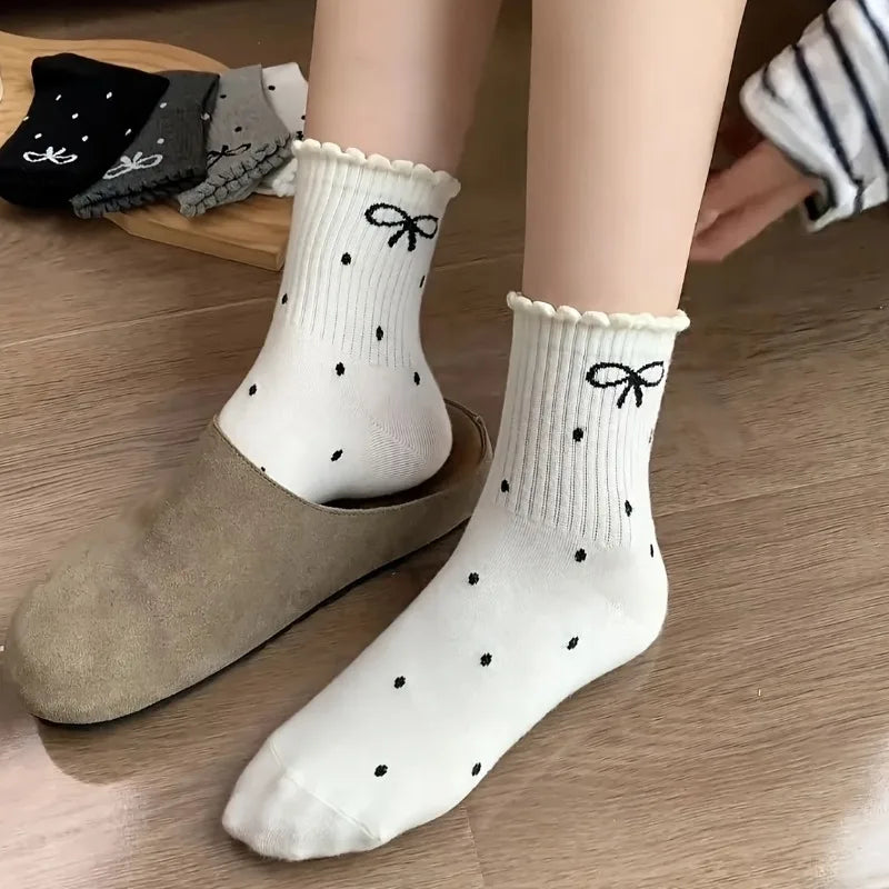 4 Pairs Bow Flower edge Women's Socks, Fashionable Spring Autumn Sweet Style Soft Comfortable Breathable All Season Casual Socks