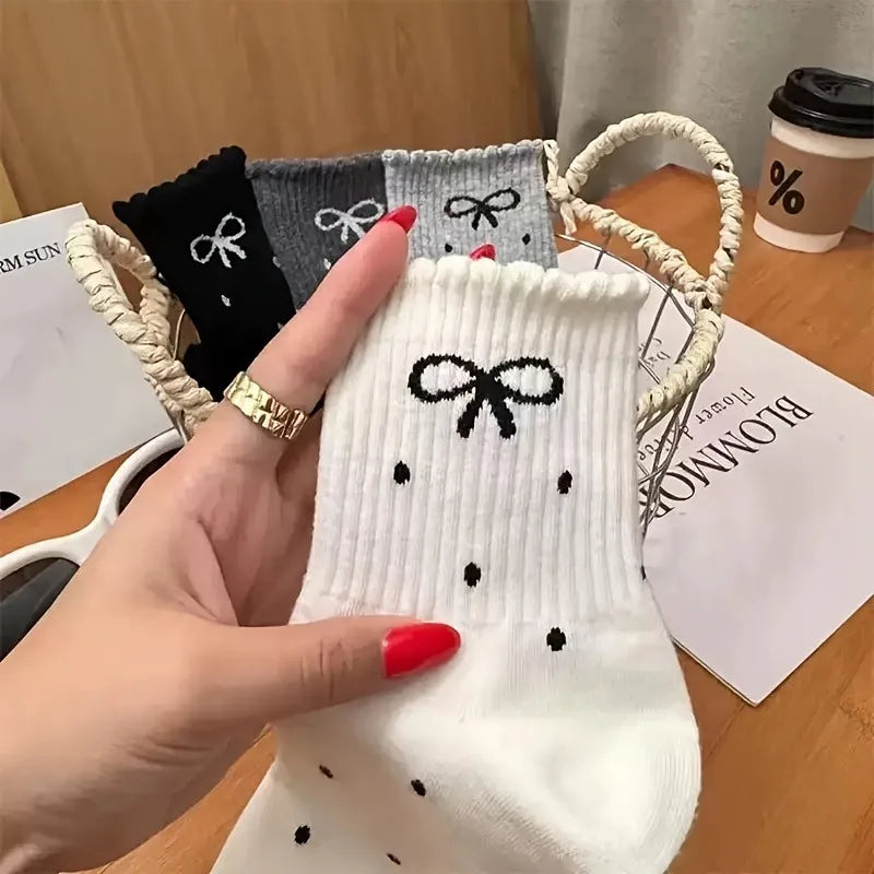 4 Pairs Bow Flower edge Women's Socks, Fashionable Spring Autumn Sweet Style Soft Comfortable Breathable All Season Casual Socks
