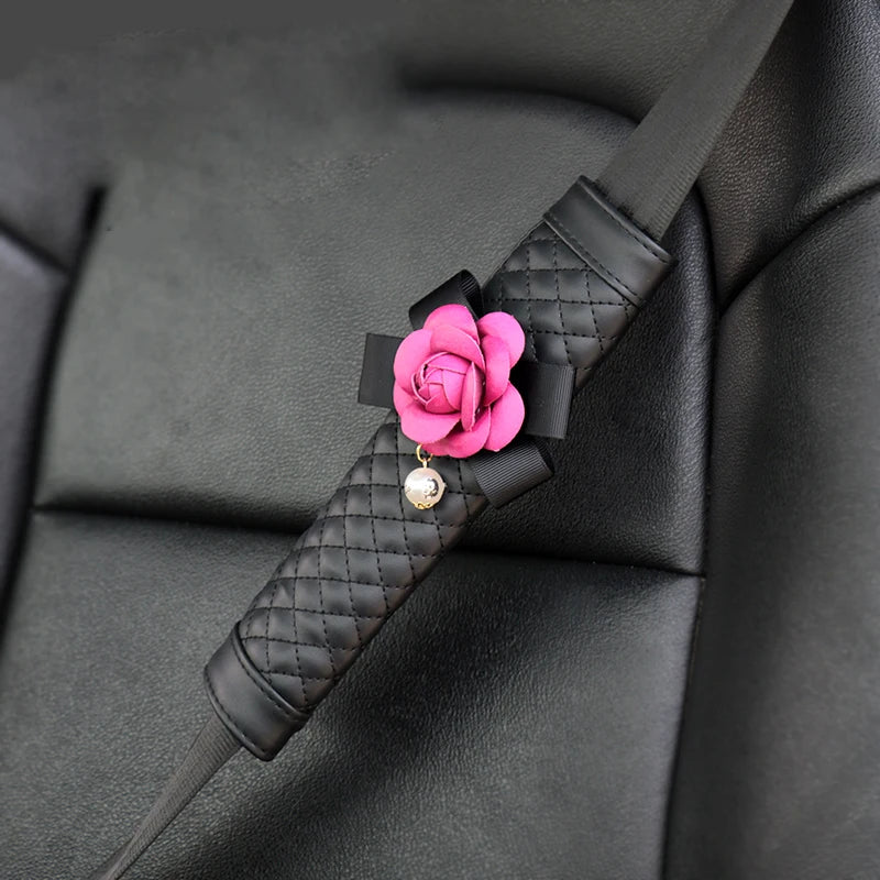 1/2pcs Camellia Flower Car Safety Seat Belt Cover Pu Leather Shoulder Pad Car Styling Seatbelt Cover Car Accessories for Women