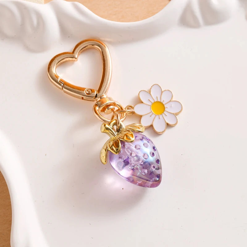 Cute Strawberry Bag Pendant Keychain Heart Flower Daisy Key Chain for Women Girs Bag Pendant Accessories Gift