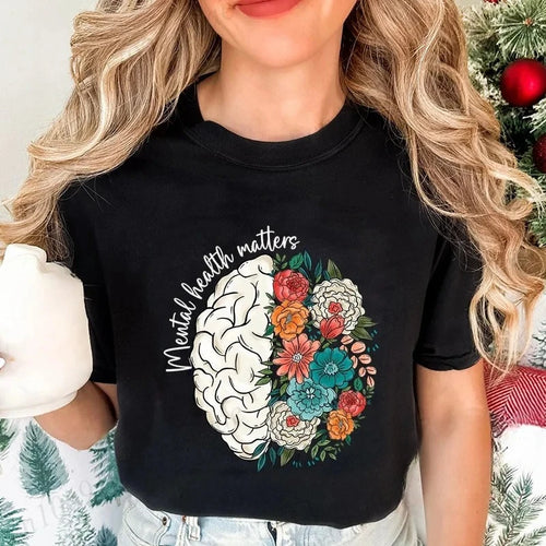 2026 Mental Health Shirt,School Psychologist T-Shirts,Inspirational Tees,Mental Health Awareness Tops,Cute Brain Women's T-Shirt