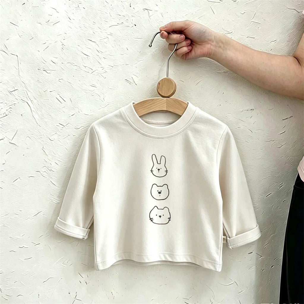 Long Sleeve Tshirt Spring Summer Clothing New Design Printed Tops Thin Pure Cotton Wear Kids Casual Loose Green Beige Tshirts