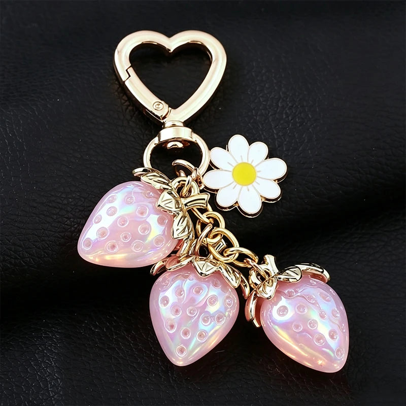 Cute Strawberry Bag Pendant Keychain Heart Flower Daisy Key Chain for Women Girs Bag Pendant Accessories Gift