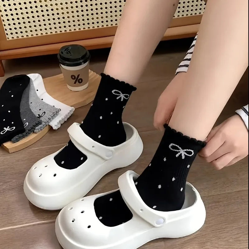 4 Pairs Bow Flower edge Women's Socks, Fashionable Spring Autumn Sweet Style Soft Comfortable Breathable All Season Casual Socks