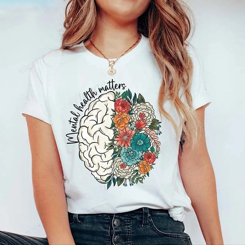 2026 Mental Health Shirt,School Psychologist T-Shirts,Inspirational Tees,Mental Health Awareness Tops,Cute Brain Women's T-Shirt