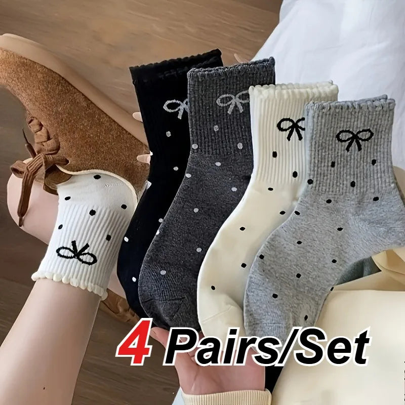 4 Pairs Bow Flower edge Women's Socks, Fashionable Spring Autumn Sweet Style Soft Comfortable Breathable All Season Casual Socks