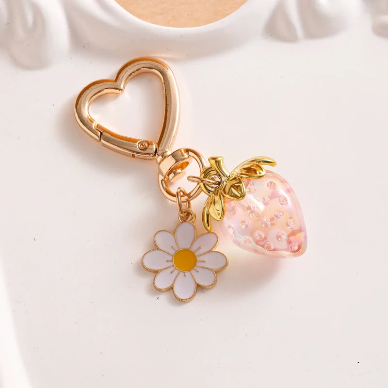 Cute Strawberry Bag Pendant Keychain Heart Flower Daisy Key Chain for Women Girs Bag Pendant Accessories Gift
