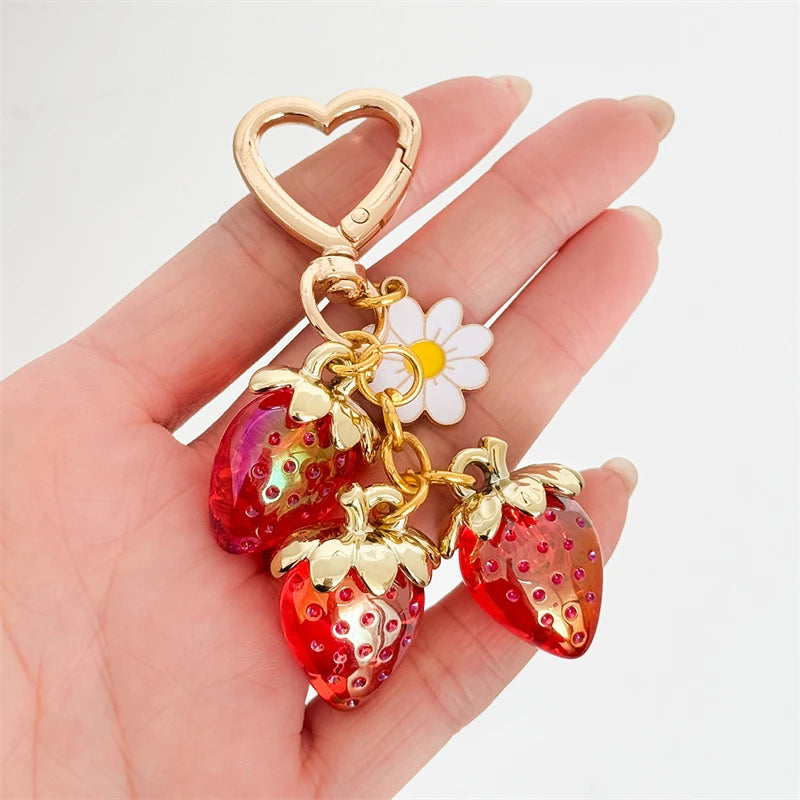 Cute Strawberry Bag Pendant Keychain Heart Flower Daisy Key Chain for Women Girs Bag Pendant Accessories Gift