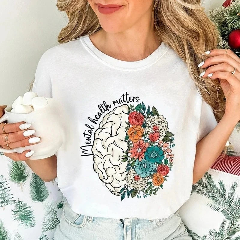 2026 Mental Health Shirt,School Psychologist T-Shirts,Inspirational Tees,Mental Health Awareness Tops,Cute Brain Women's T-Shirt
