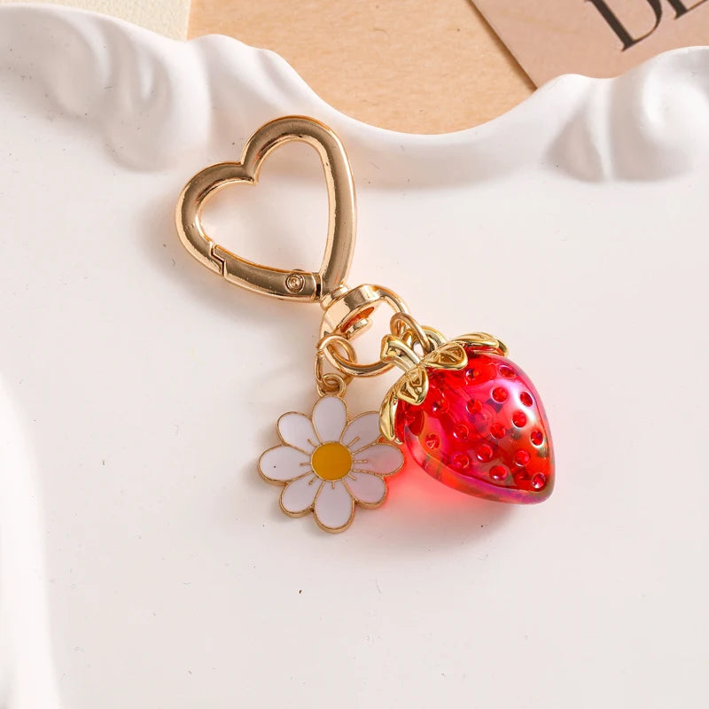 Cute Strawberry Bag Pendant Keychain Heart Flower Daisy Key Chain for Women Girs Bag Pendant Accessories Gift