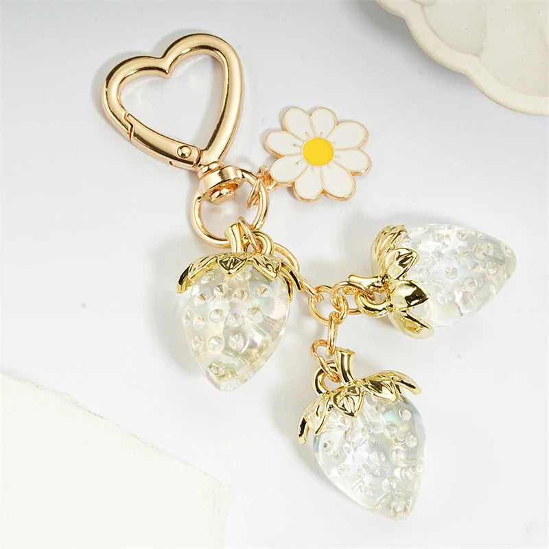 Cute Strawberry Bag Pendant Keychain Heart Flower Daisy Key Chain for Women Girs Bag Pendant Accessories Gift