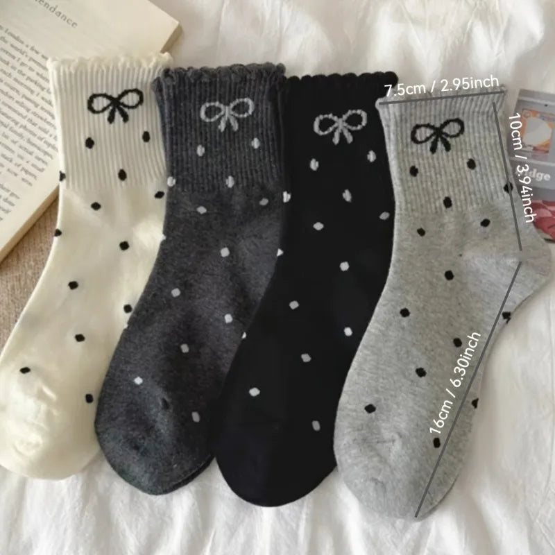 4 Pairs Bow Flower edge Women's Socks, Fashionable Spring Autumn Sweet Style Soft Comfortable Breathable All Season Casual Socks