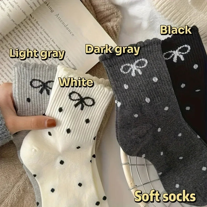 4 Pairs Bow Flower edge Women's Socks, Fashionable Spring Autumn Sweet Style Soft Comfortable Breathable All Season Casual Socks