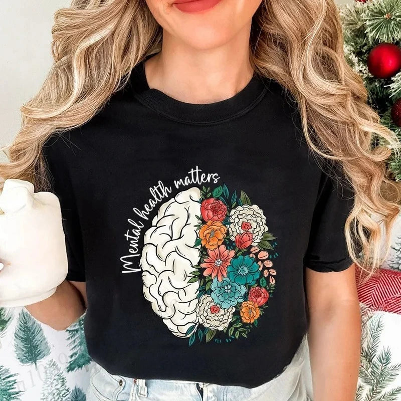 2026 Mental Health Shirt,School Psychologist T-Shirts,Inspirational Tees,Mental Health Awareness Tops,Cute Brain Women's T-Shirt