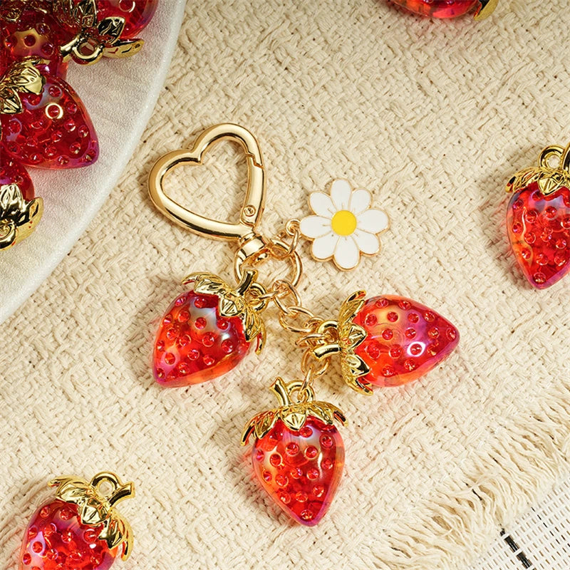 Cute Strawberry Bag Pendant Keychain Heart Flower Daisy Key Chain for Women Girs Bag Pendant Accessories Gift