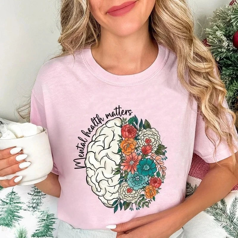 2026 Mental Health Shirt,School Psychologist T-Shirts,Inspirational Tees,Mental Health Awareness Tops,Cute Brain Women's T-Shirt