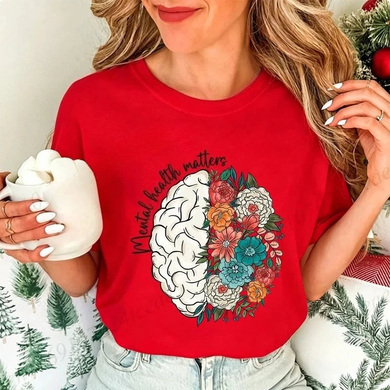 2026 Mental Health Shirt,School Psychologist T-Shirts,Inspirational Tees,Mental Health Awareness Tops,Cute Brain Women's T-Shirt
